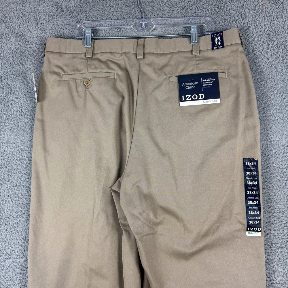 IZOD American Chino Pants Mens 38x34 Khaki Wrinkle Free‎ Classic Leg Flat Front
